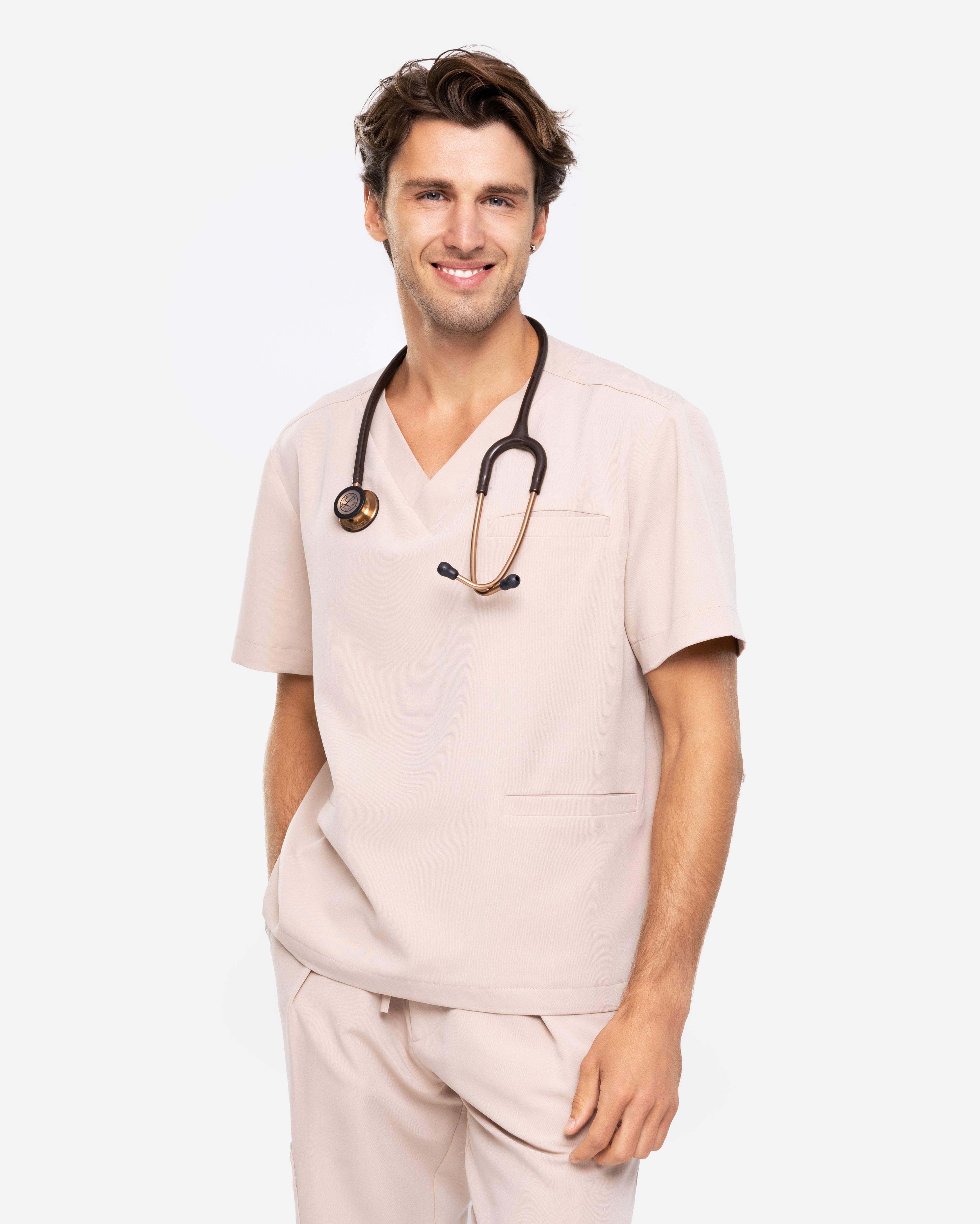 Bluzka Medyczna Męska V-Neck | Classic Fit - Nude