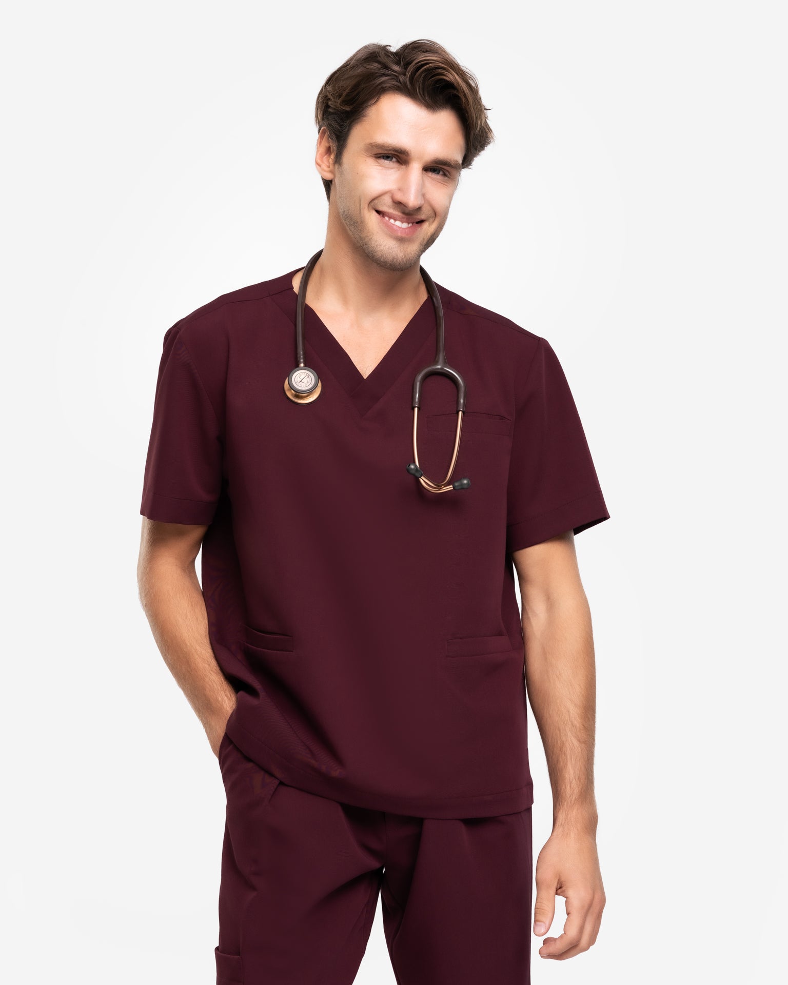 Bluzka Medyczna Męska V-Neck | Classic Fit - Burgundy