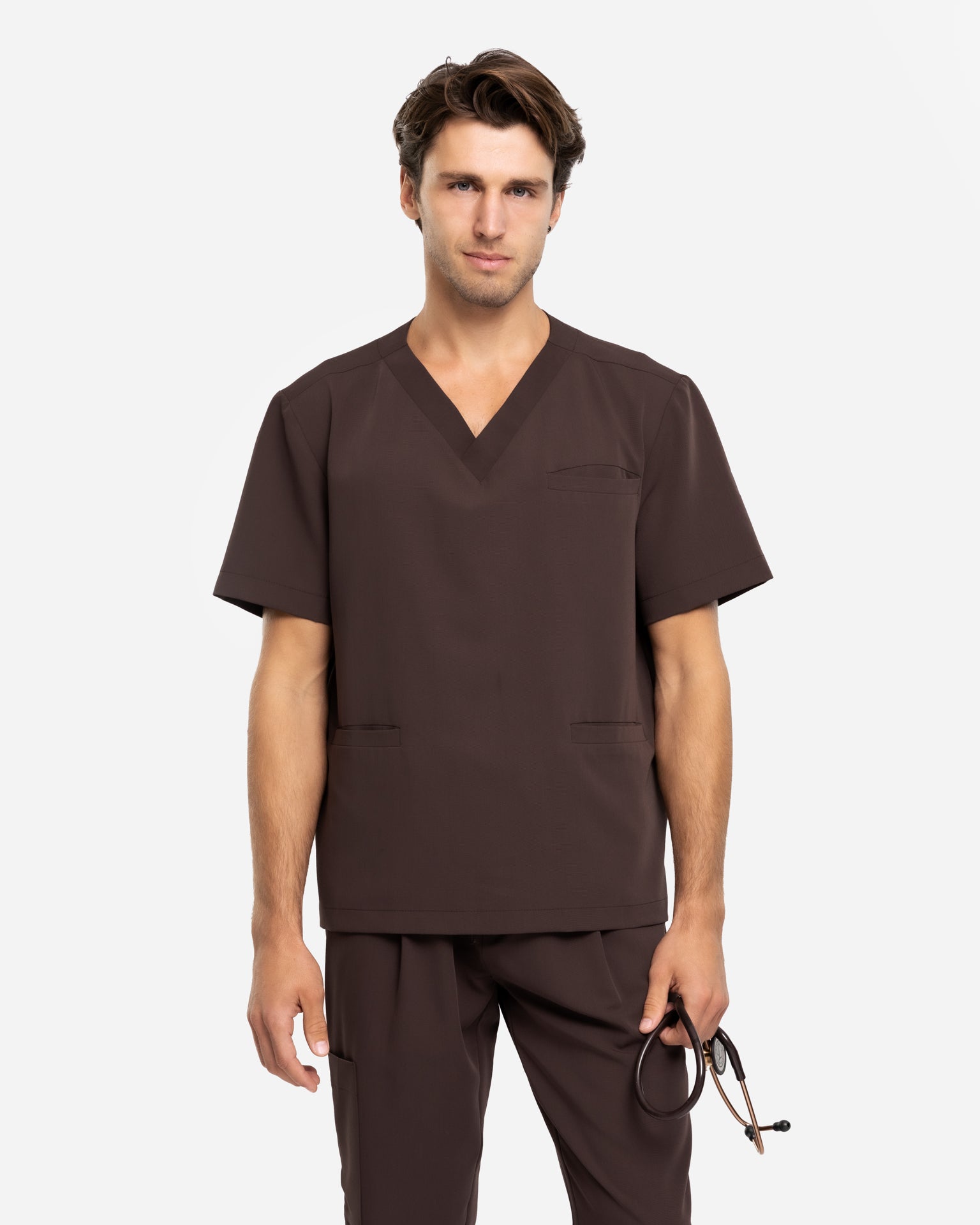 Bluzka Medyczna Męska V-Neck | Classic Fit - Choco