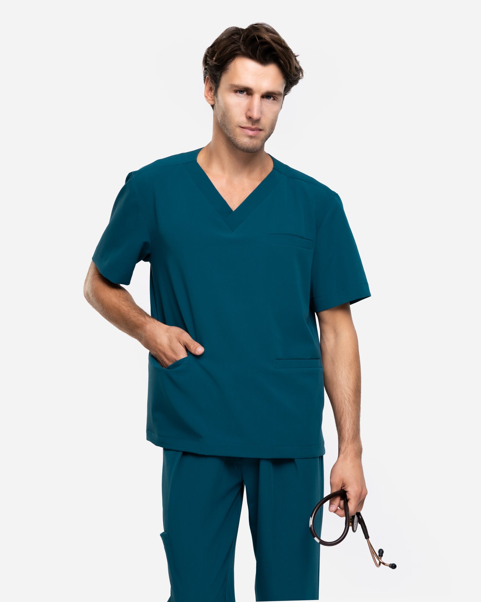 Bluzka Medyczna Męska V-Neck | Classic Fit - Caribbean Blue